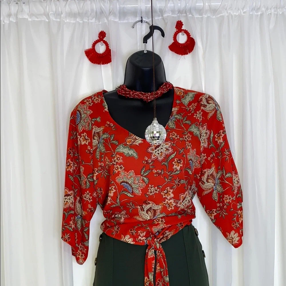 Como Vintage Red Flutter Sleeve Blouse with Tie Front